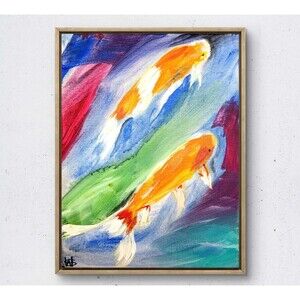 WS original two koi fish painting 14X11 canvas acrylic abstract modern wall art